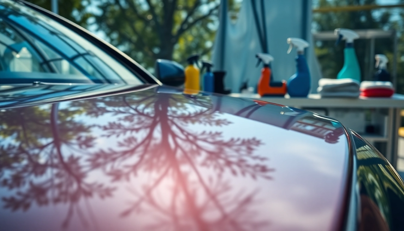 Expert car detailing near me with polished vehicle and detailed tools in a bright outdoor setting.