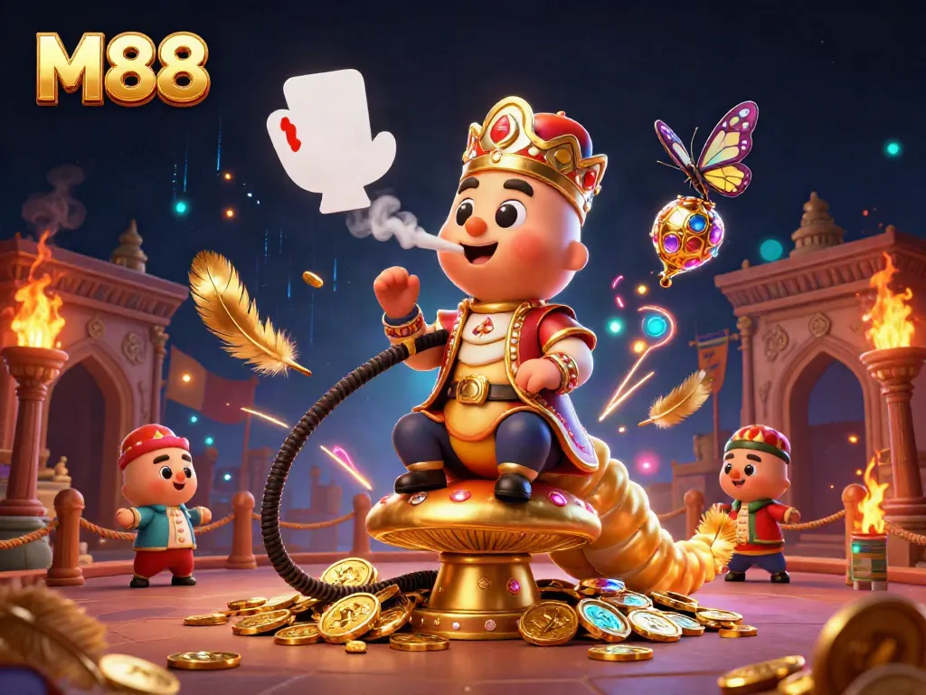 Engaging M88 scene featuring a cartoon caterpillar sultan and gambling symbols, rich colors and details.