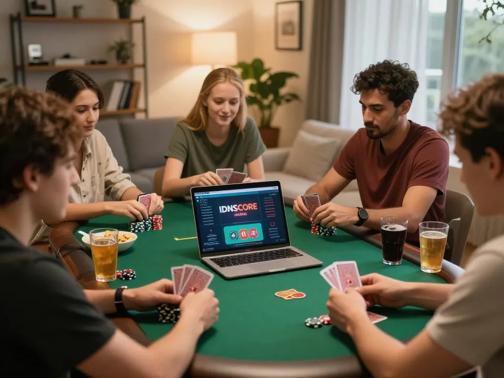 IDNSCORE online poker tournament with friends enjoying a competitive game night