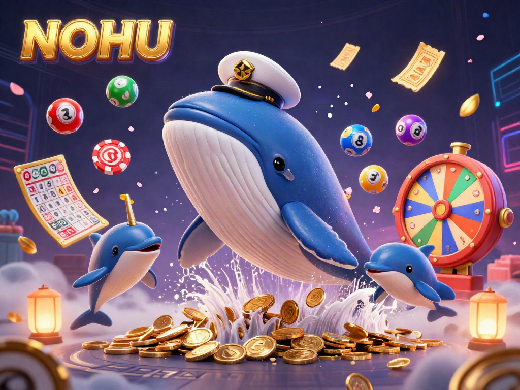 Engage in thrilling wins with NOHU's dynamic game scene featuring a whale, narwhal, and dolphin amidst playful lottery elements.