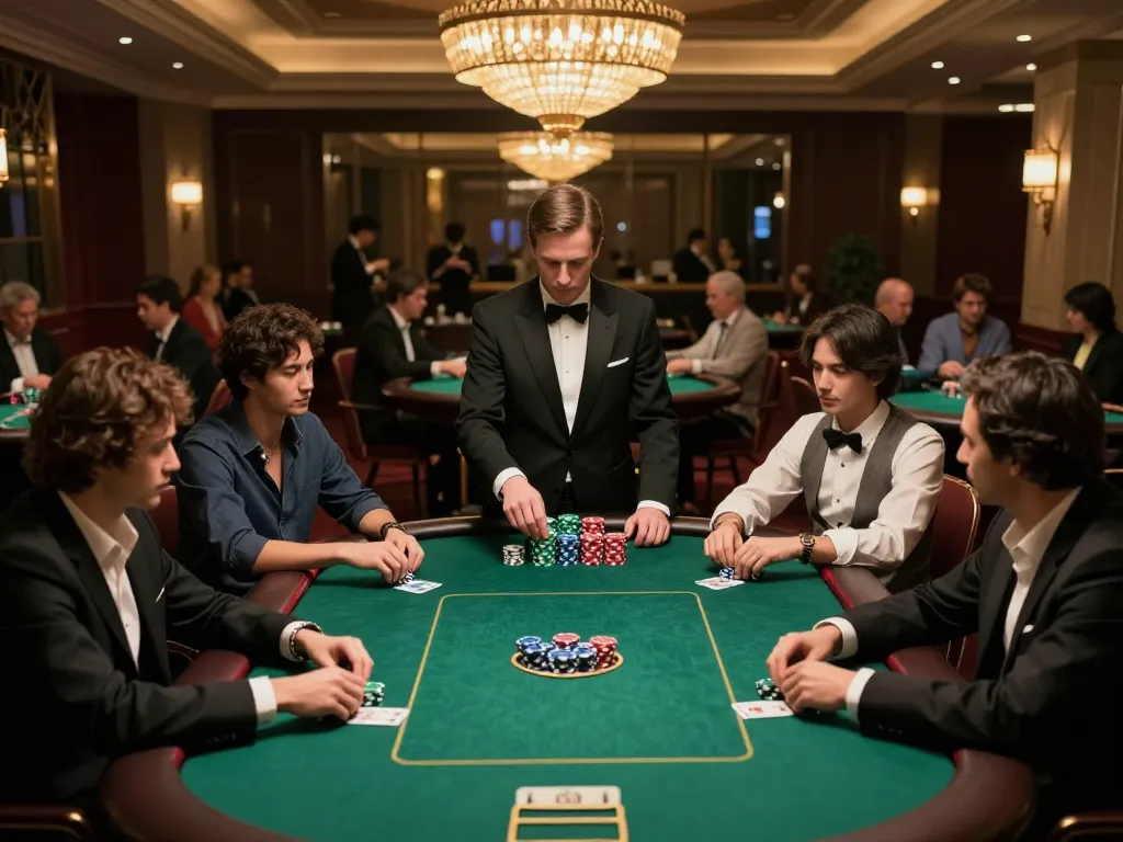 Winstrike69 poker players strategizing at a luxury casino table under ambient lights.