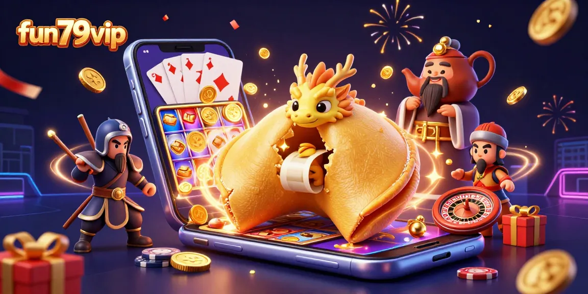 Spin and win with fun79vip's vibrant 3D casino scene showcasing fortune cookies and gold!