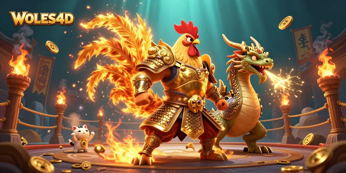 WOLES4D menghadirkan ilustrasi kasino dinamis dengan pejuang ayam dan naga dalam pertempuran menggairahkan.