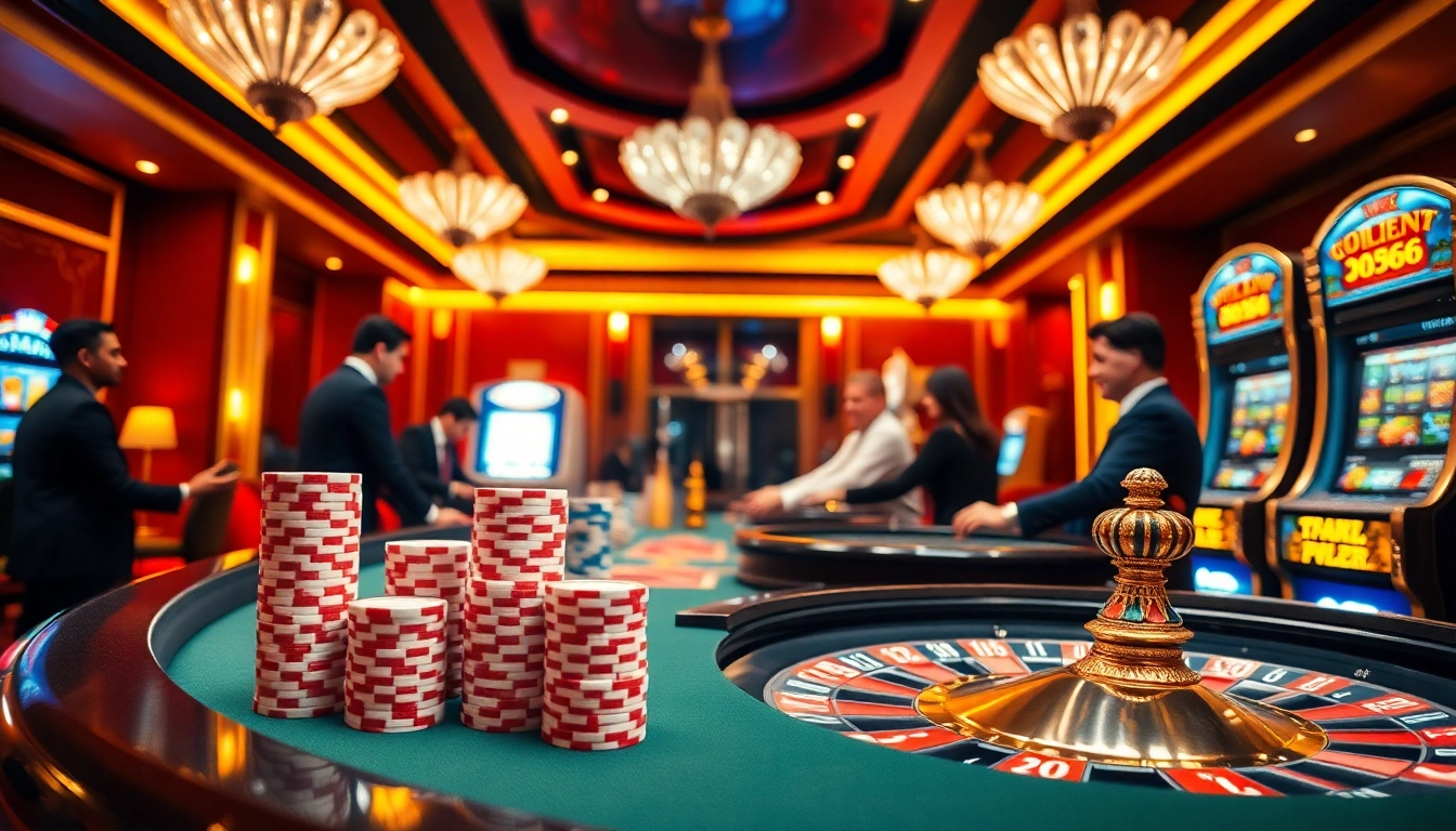 Engaging poker game scene highlighting BDTK666 with chips and roulette wheel in a luxurious casino.