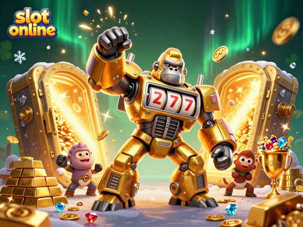 Experience the thrill of slot online gaming with a golden gorilla mech exploding coins in this vibrant illustration.