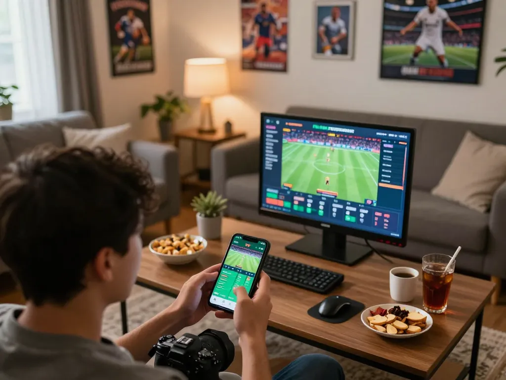 Engaged player using smartphone for sports betting with more info on live updates.