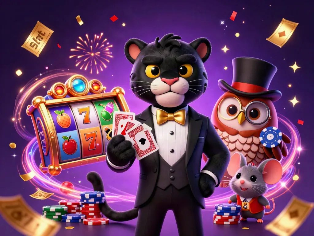 Experience the excitement of slots with a stylish panther dealer and vibrant, lively elements.