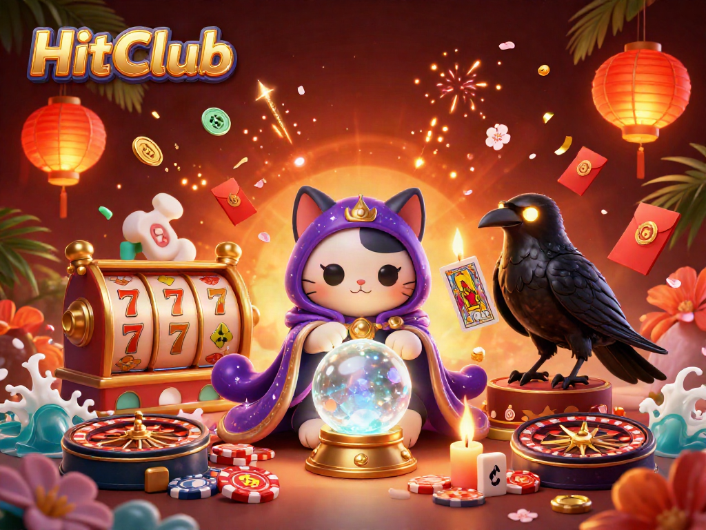 HitClub cat fortune teller and raven character elevating the gaming experience with casino elements.