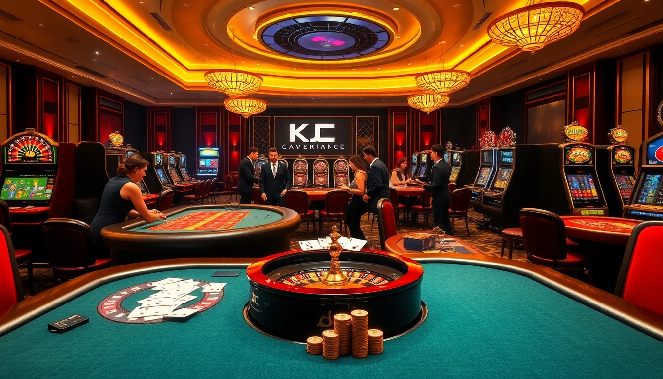KJC casino scene with excited players at poker tables and roulette wheels, showcasing luxury and excitement.