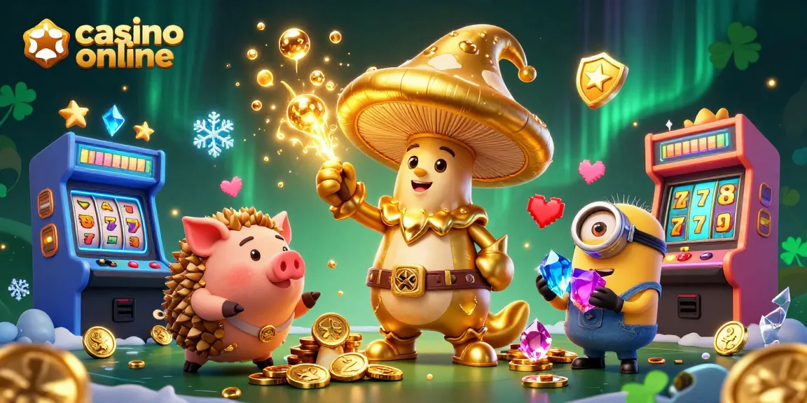 Joacă la casino online cu o ilustrație 3D captivantă a unui vrăjitor și minioni aurii în căutare de comori.