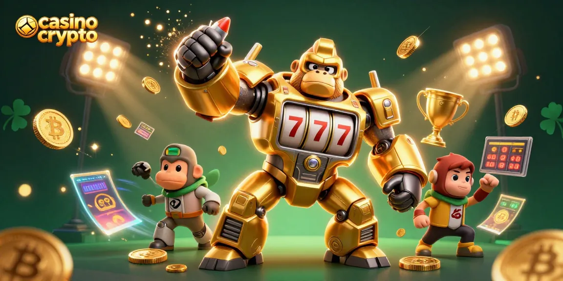 Jouez sur un casino crypto en ligne avec cette illustration dynamique représentant un gorille doré robotique parmi des éléments de jeu futuristes.