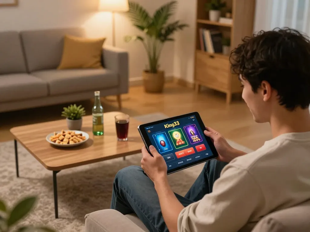 Player enjoying King33 casino app from home, showcasing responsible gaming.