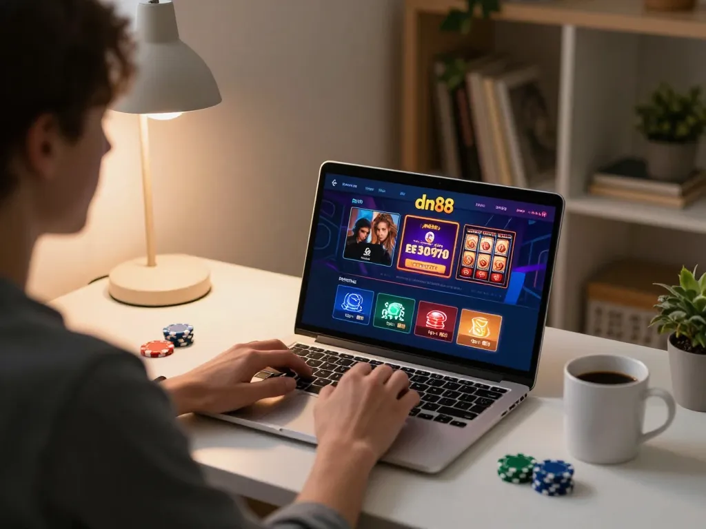 Online gambling experience with dn 88 interface displayed on laptop and cozy home atmosphere