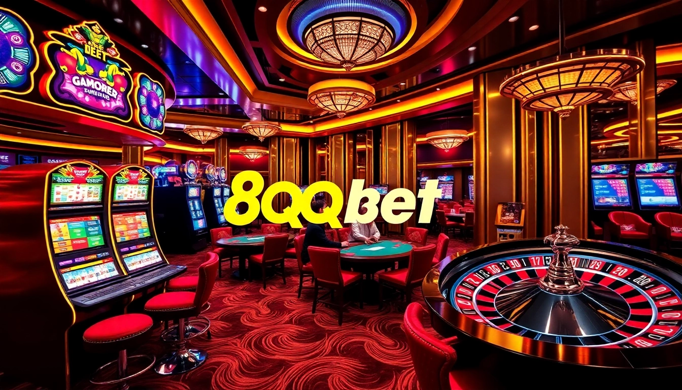 Engaging scene of players enjoying casino games at 8qbet, showcasing excitement and luxury.