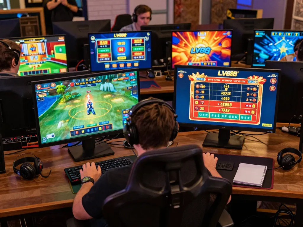 Player immersed in LV88 online gaming experience with multiple screens showing thrilling games