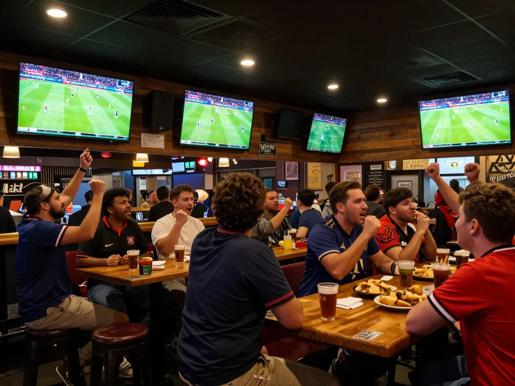 Cakhia TV streaming live sports as fans cheer during an exciting match at a lively sports bar
