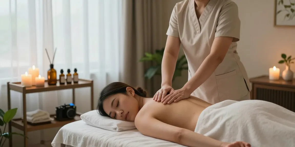 스웨디시 마사지 중인 전문 마사지사와 편안한 마사지 환경