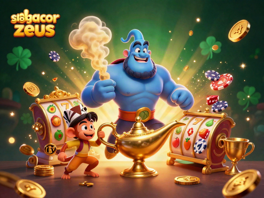 Spin to win with slot gacor zeus in this vibrant scene featuring a muscular genie and treasures.