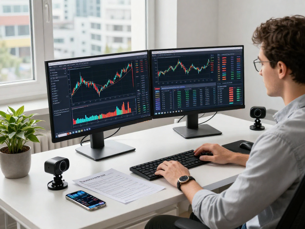 Developer working with Germany stock WebSocket API on multiple screens in a modern financial analytics workspace.