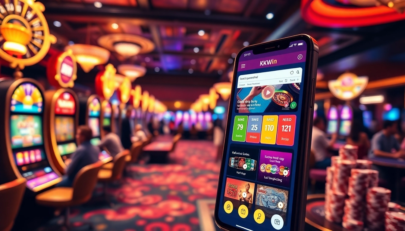 Engaging KKWIn gaming experience on a smartphone amidst a vibrant casino atmosphere.