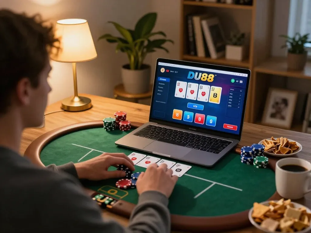 Experience DU88 poker excitement from home with a player engrossed in online gaming.