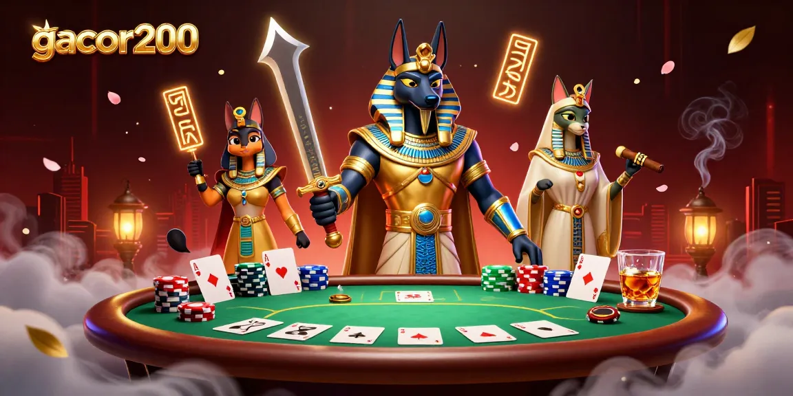 Engage in thrilling poker with gacor200, featuring Anubis and Bastet in a dramatic casino setting.