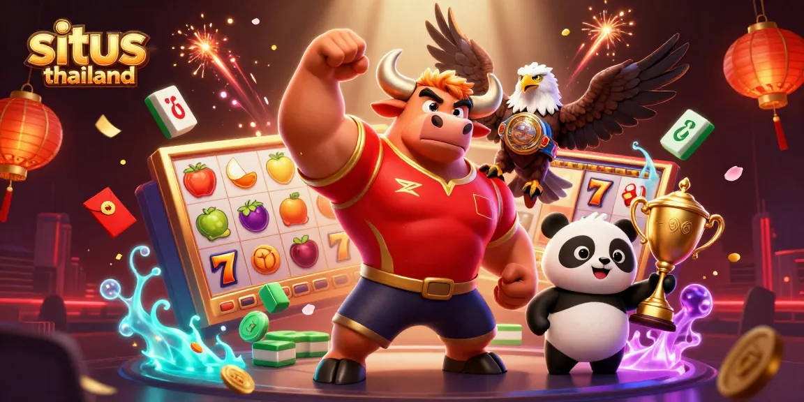 Engage with situs thailand's vibrant 3D casino scene featuring a bull mascot and cheerful panda celebrating winnings amidst spinning slot reels.