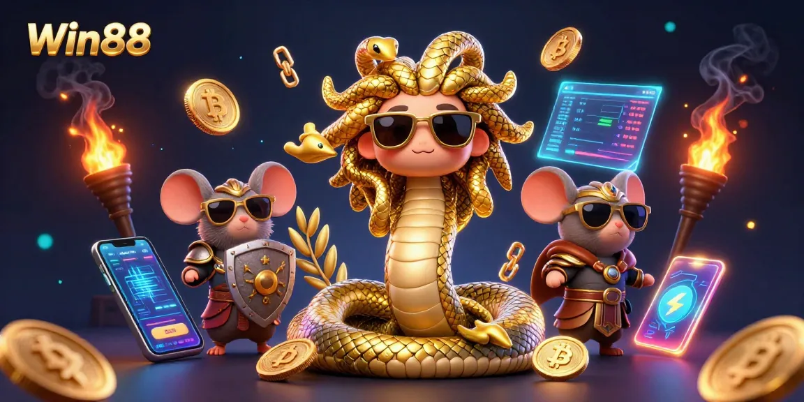 Experience the thrill of Win88 with colorful characters exploring cryptocurrency casino action.
