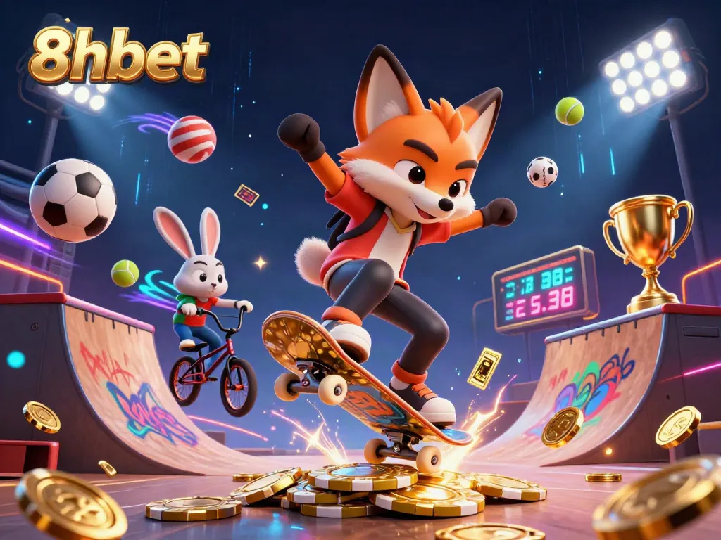 8xbet illustration with a skateboarder fox and BMX rabbit amidst gaming elements and vibrant casino motifs.