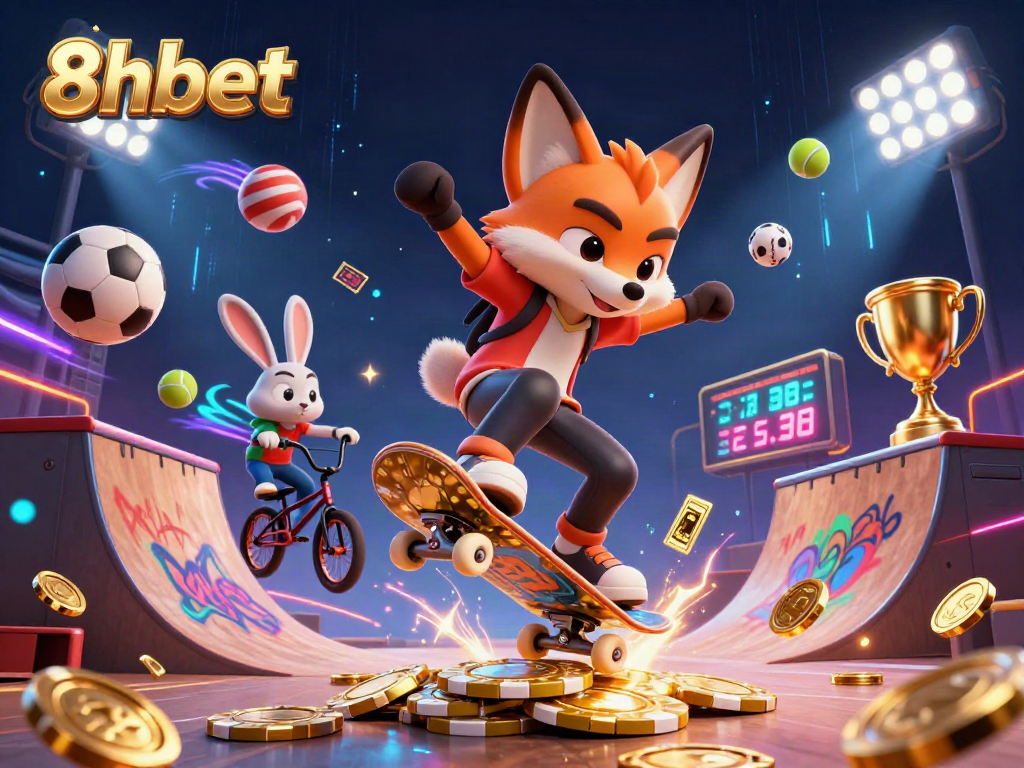 8xbet illustration with a skateboarder fox and BMX rabbit amidst gaming elements and vibrant casino motifs.
