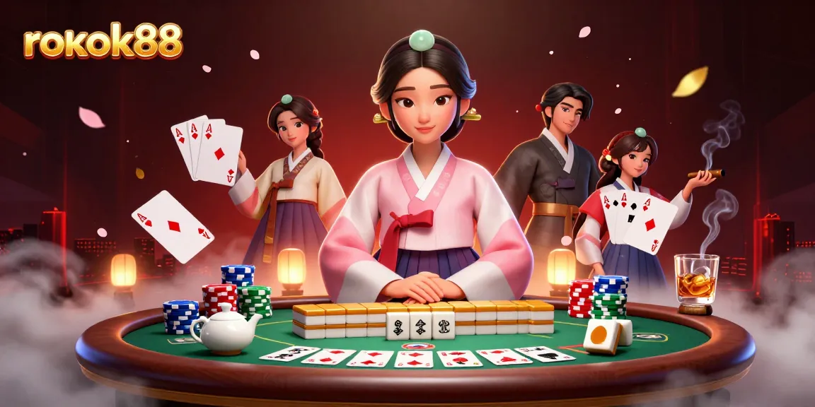Experience the excitement of rokok88 with vibrant poker imagery and elegant characters in a lively casino scene.