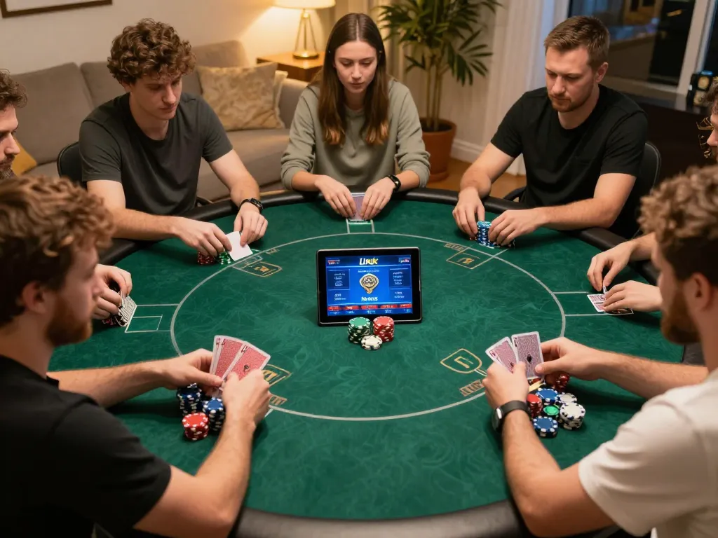 Engaging online poker action with the Link 79king app displayed, showcasing strategic gameplay at home