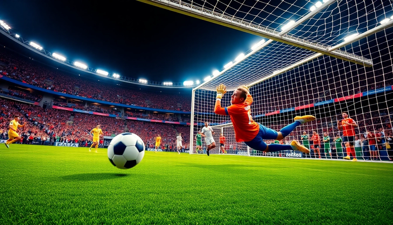 Capture the excitement of บอลโลกวันนี้ with a goalkeeper diving in a high-stakes match atmosphere.