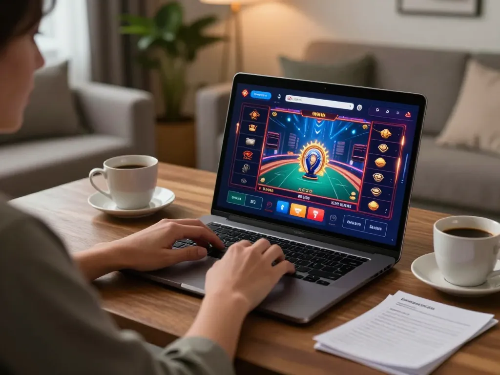 Engage in thrilling online gameplay with luck8, showcasing a player immersed in a laptop casino game.