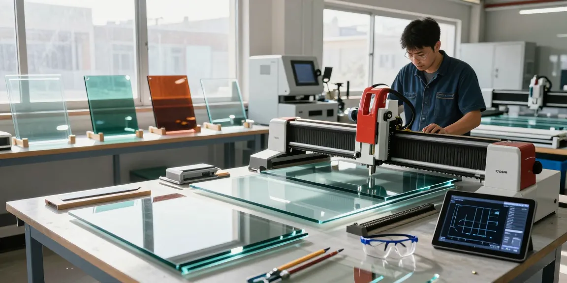 CNC glass cutting machine in action, showcasing precision glass processing techniques.
