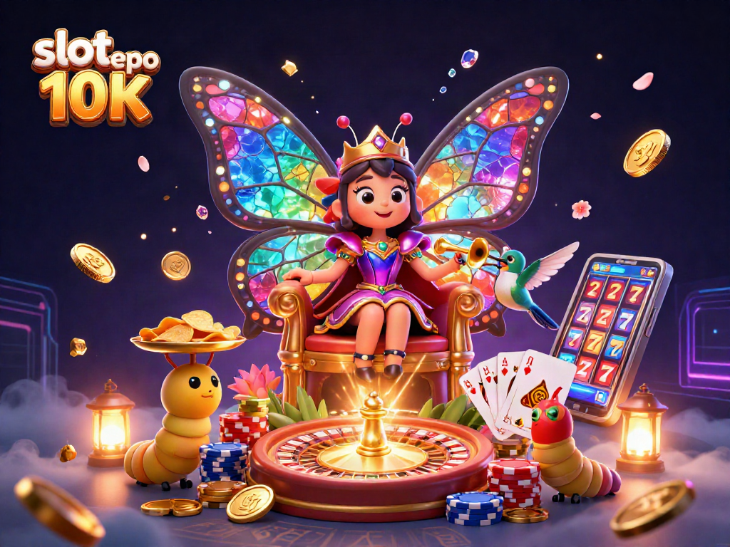 Win big with slot depo 10K in a mesmerizing casino scene full of vibrant characters.