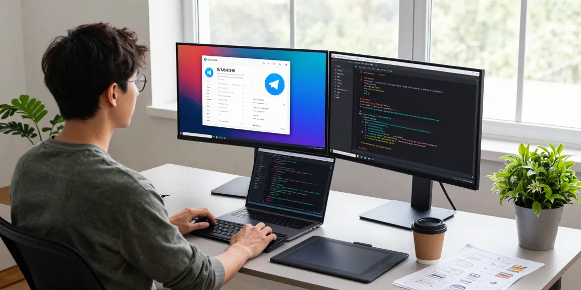 Engaging software development workspace with 纸飞机中文版 displayed on monitors, showcasing a modern tech environment with coding and design.