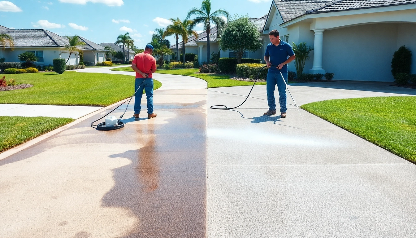 Concrete cleaning in action; professionals washing a driveway in Kissimmee, FL.