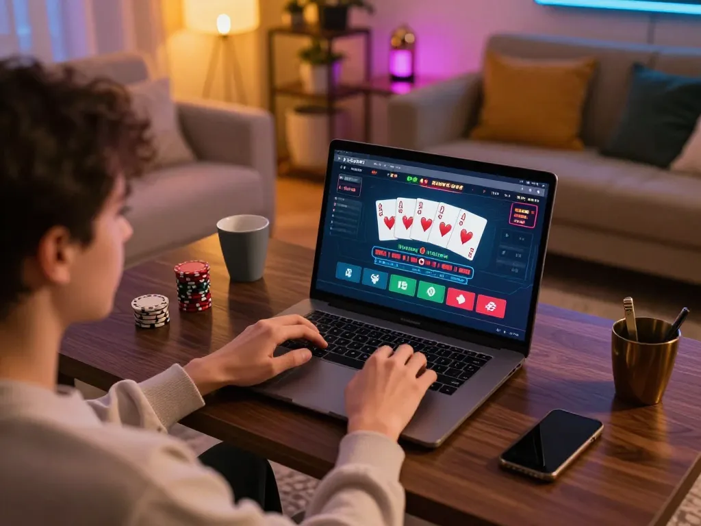 Engaging player enjoying THABET's online casino gaming setup with poker action