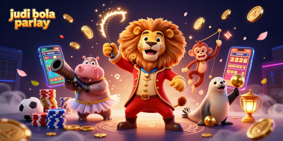 Experience the thrill of judi bola parlay betting with a dynamic scene featuring a lion ringmaster, sports elements, and vibrant casino graphics.