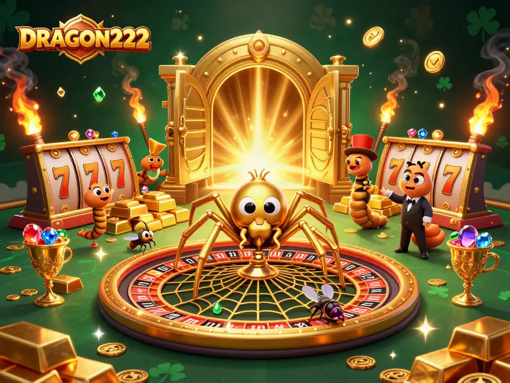 Experience thrilling bets with DRAGON222 as the golden spider spins a roulette wheel web.