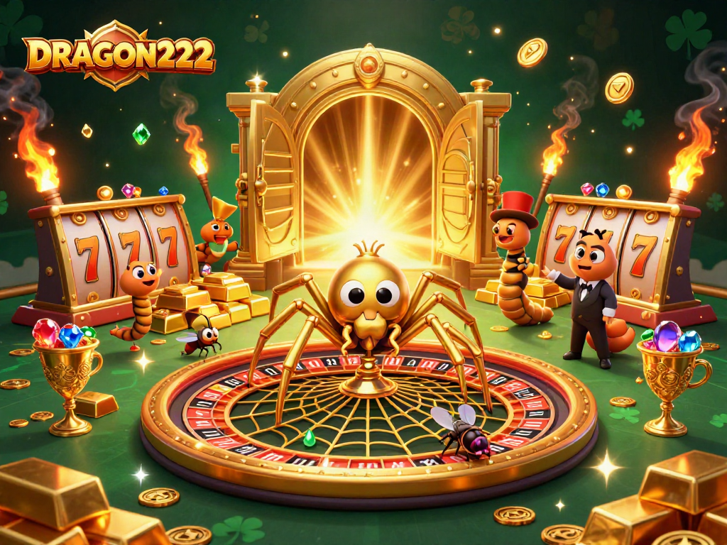 Experience thrilling bets with DRAGON222 as the golden spider spins a roulette wheel web.