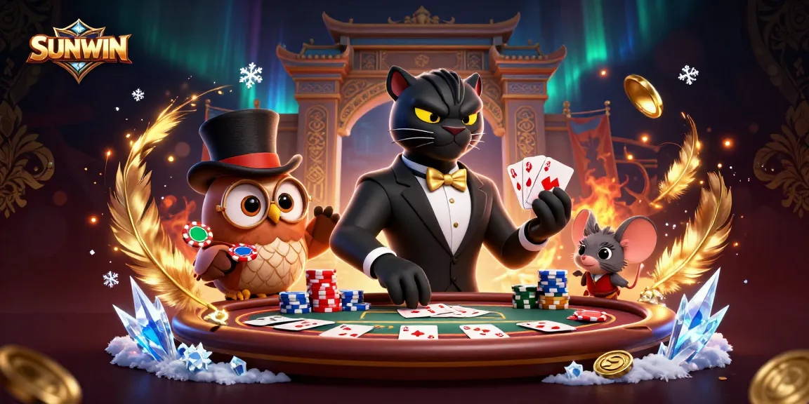 Engage in thrilling poker action with stylish characters celebrating at SUNWIN's vibrant casino.
