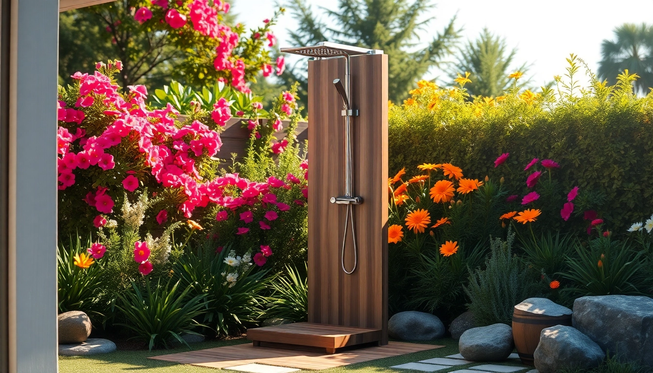 A modern outdoor shower unit from sunny shower usa inc in a vibrant garden, showcasing its sleek design.