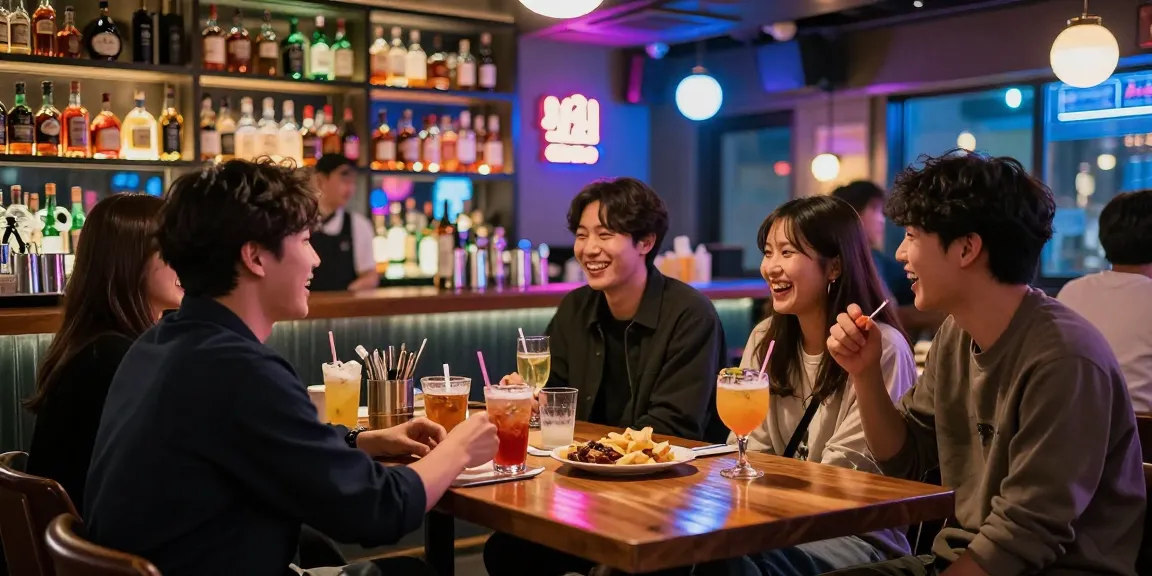 Sangbong-dong 한국관나이트 vibrant nightlife scene with friends enjoying cocktails and engaging conversations in an inviting bar.