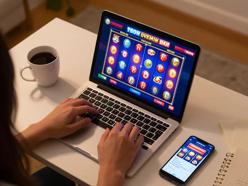Sparking excitement while playing situs slot online, showcasing vibrant game reels and intuitive user interface in a cozy home setting.