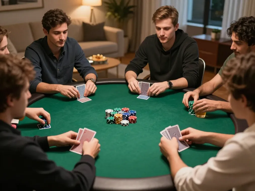 Players strategizing during a lively poker night at home, showcasing the experience of gambling at https://www.mnm88.com/