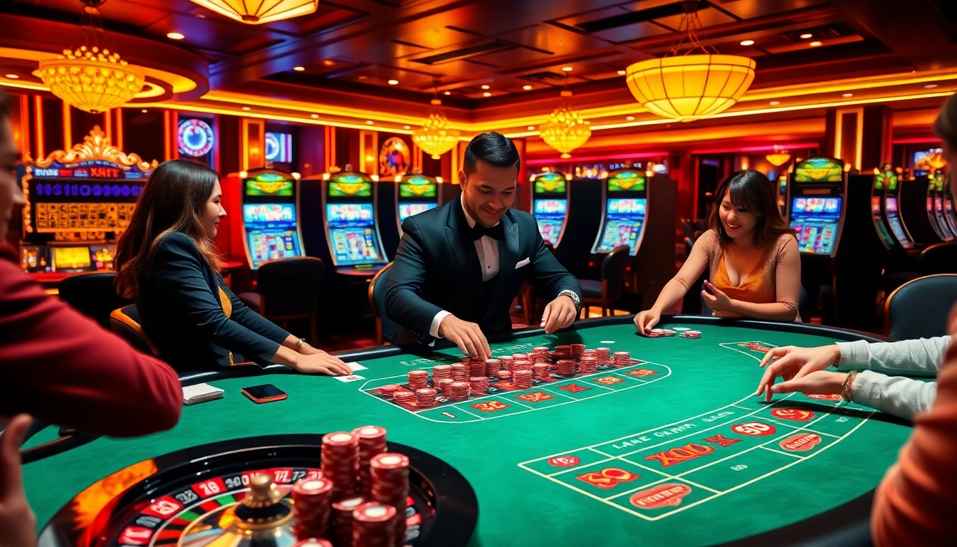 Players enjoying a thrilling game at XX88 casino table with cards and chips.