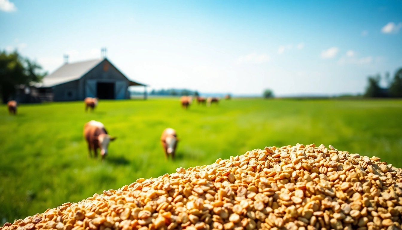 Feeding cattle high-quality cattle feed in a scenic ranch environment.
