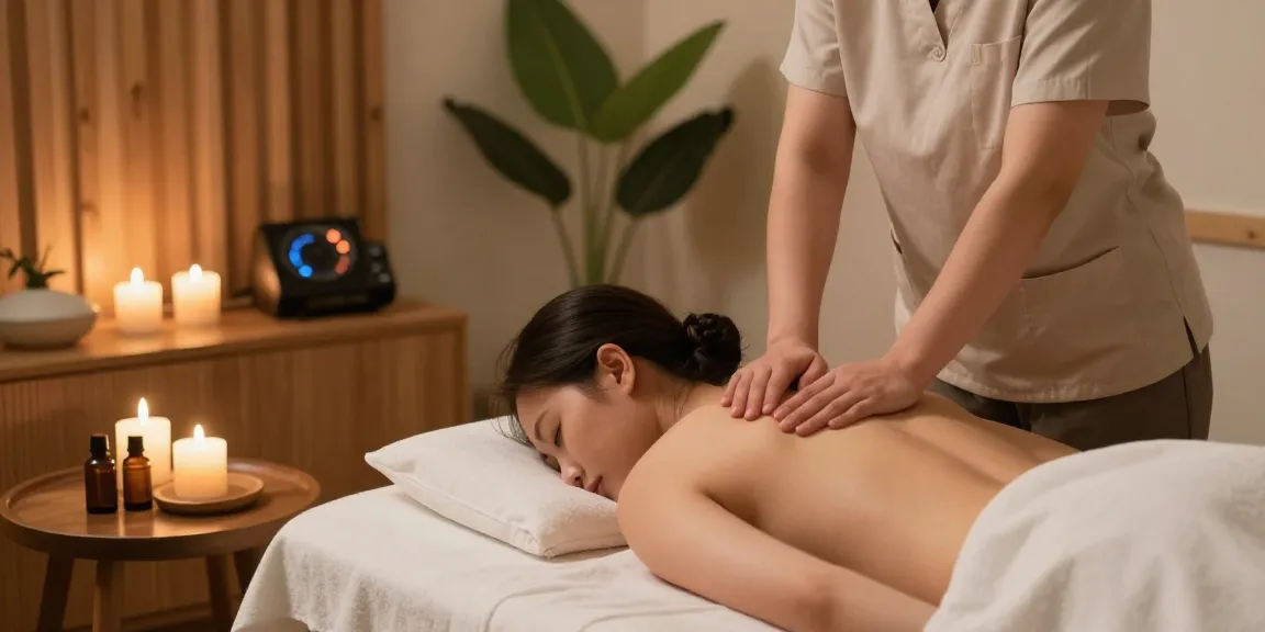 두정동마사지 중인 환자와 전문 마사지 치료사와 아늑한 스파 환경